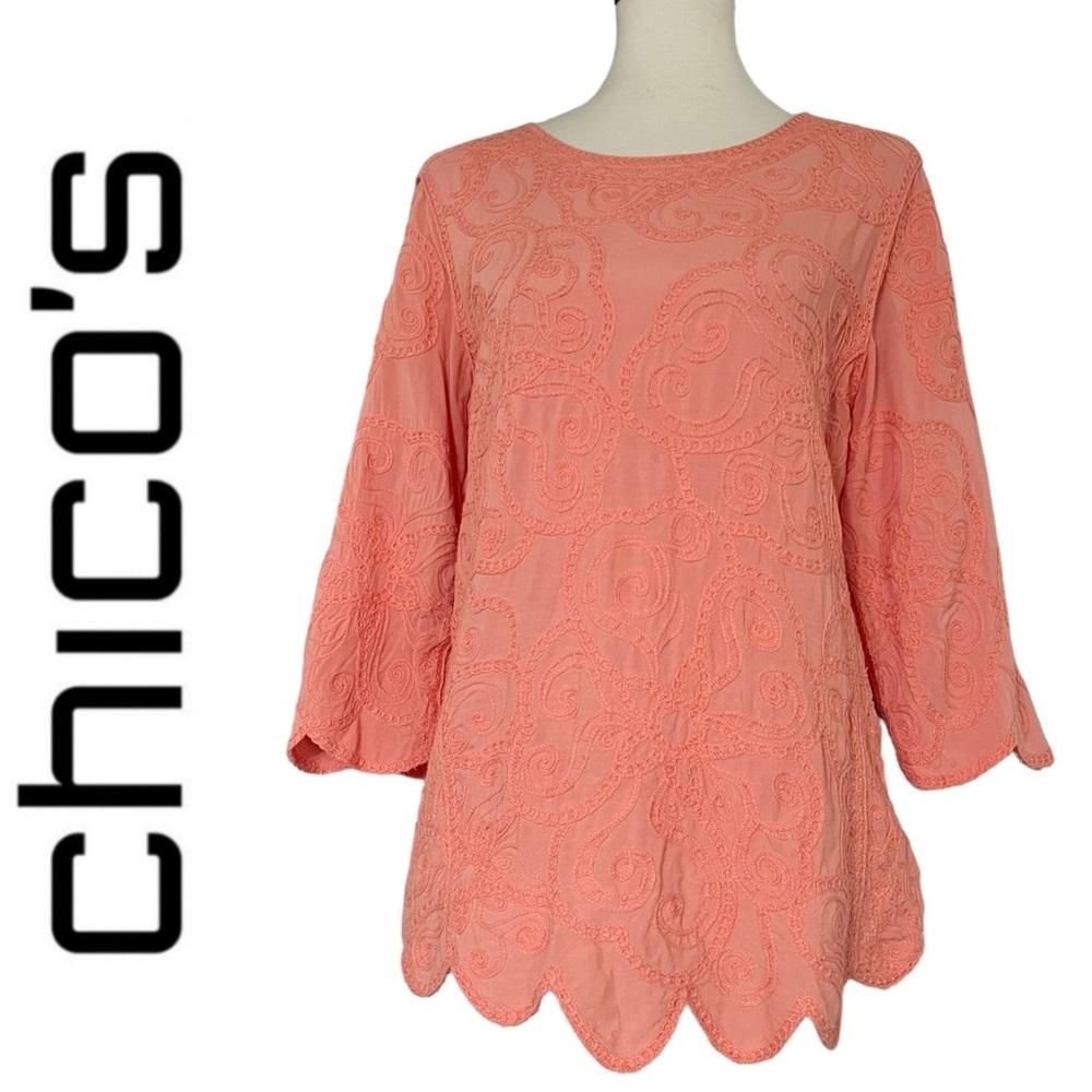 Chico’s Blouse 3/4 Sleeve Orange Coral‎ Full Embroidered Print Scalloped hem
